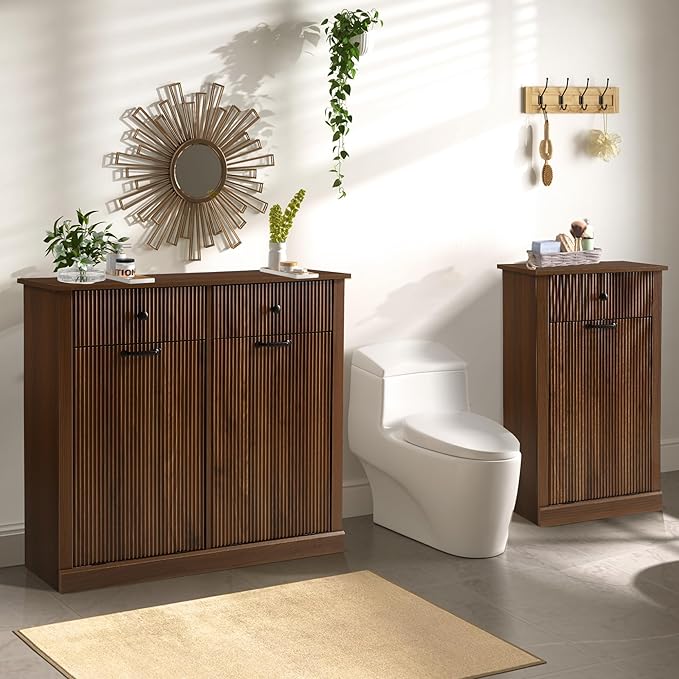 Grepatio Tilt Out Fluted Laundry Hamper Cabinet, 22 Gallon Double Hidden Laundry Hamper, Wooden Trash Can Cabinets with 2 Drawers, Modern Garbage Can Cabinet for Bathroom, Kitchen (Brown, Double)