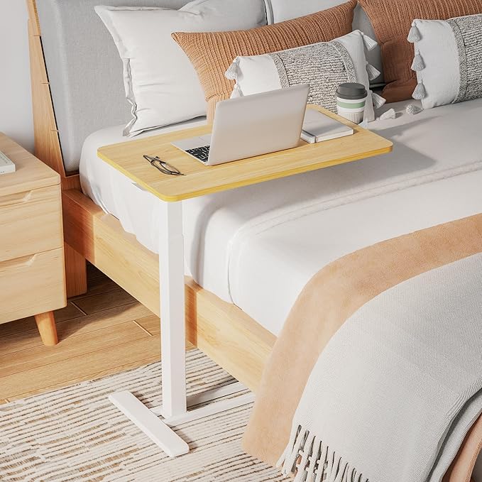 SANODESK Medical Adjustable Overbed Bedside Table with Casters 90° Tilt Top Pneumatic Mobile Rolling Laptop Computer Standing Desk Cart with Tray, Hospital and Home Use(27.6" W x 15.7" D, Maple)