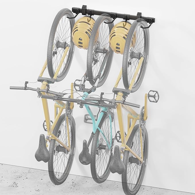 monTEK Enhanced Bike Storage Rack, Adjustable 3-Bike and 2-Helmet Hangers for Indoor Bike Storage, Customizable for Various Bike Sizes, Heavy-Duty Steel Bike Wall Mount, Max Load 209lbs, 32-in