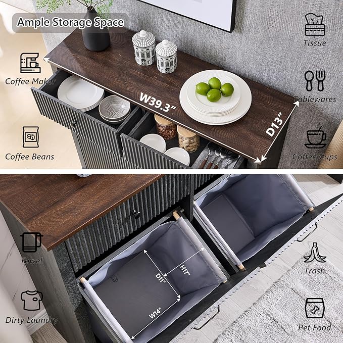 Modern Double Tilt-Out Laundry Hamper Cabinet, 20 Gallon Fluted Trash Can Cabinet w/2 Drawers, Wooden Hidden Garbage Can Cabinets w/Laundry Basket, Free Standing for Bathroom and Kitchen, Grey