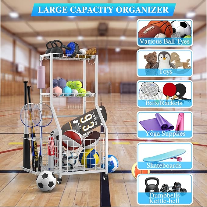 Sports Equipment Garage Organizer,Garage Ball Storage Rack with Wheels-Upgraded 3 Layers Sport Toy Organizer Rack Outdoor Basketball Racks for Balls with Holder and Hooks
