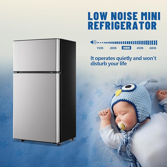 Tiny Personal Capacity Silver Refrigerator with Freezer Double Door Mini Fridge Small Apartment Refrigerator with 7 Adjustable Temp Control