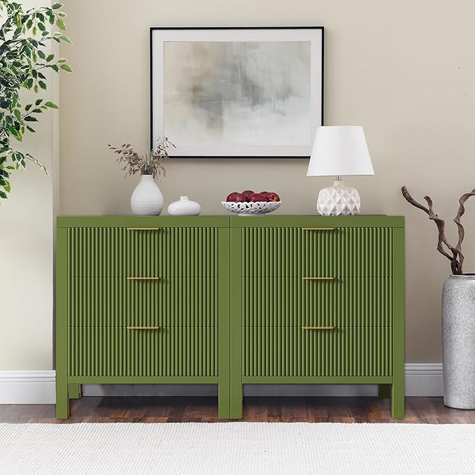 6 Drawer Dresser, Modern Wood Storage Chest of Drawers Organizer with Waveform Panel, Fluted Dresser with Wide Drawers and Golden Handles for Bedroom, Hallway, Entryway, (Green *2)