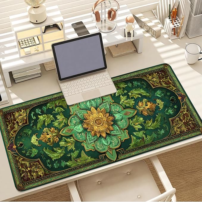 Green Vintage Floral Mouse Pad – Large Extended Desk Mat 35.43 x 15.75 in – Ornate Oriental Carpet Design with Gold & Emerald Motif, Waterproof Surface,Keyboard & Mouse Pad for Office & Home
