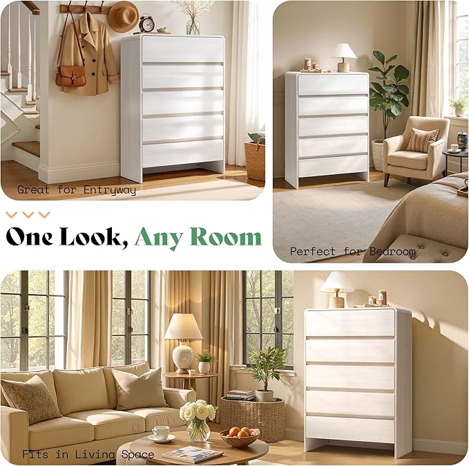 AMERLIFE 5 Drawer Dresser for Bedroom, 48" Tall Modern Chest of Storage Drawers with Rounded Corners, Anti-Tip Kit, Wood Cabinet Organizer for Closet, Apartment, Nursery, Easy Assembly, White