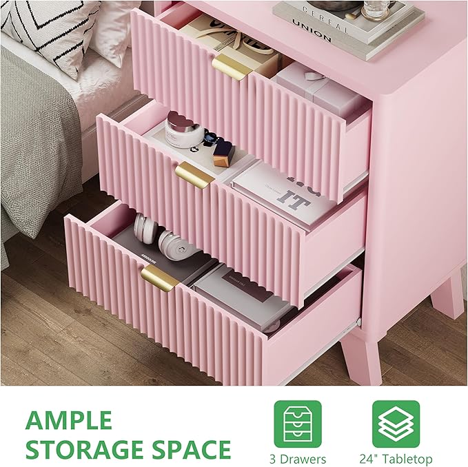 Fluted Nightstand with 3 Storage Drawers, 24" Wide Wood Bedside Table with Mental Handle, Mid Century Modern Wooden Side Table Night Stand, Curved End Table for Bedroom, Living Room, Pink