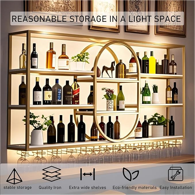 Large Wall Mount Wine Rack, Metal 4 Tier Large Capacity Hanging Bar Rack with Wine Glass Holder, Oval Wine Bottle Storage Display Rack for Kitchen, Living Room, Home (Gold, 180cm/71in)