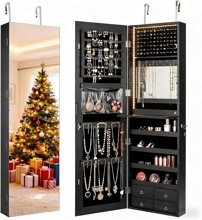 LDAILY 47” LED Jewelry Armoire, Door/Wall Mounted Mirror with Storage, 4 Shelves, 4 Drawers, Full Length Mirror & Flip-up Makeup Tray, Lockable Jewelry Organizer Cabinet for Women & Girls, Gift(Black)