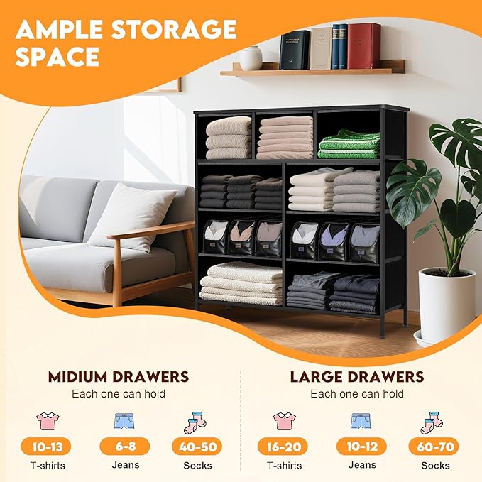 Curved Profile Dresser for Bedroom, Chest of Drawers, 9 Storage Drawers Organizer Unit, Black Dresser with Fabric Bins for Closet, Living Room, Kid Room (Charcoal Black)