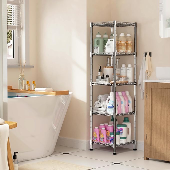5 Wire Shelving Metal Shelves Storage Rack:Adjustable Storage Shelves Standing Shelf Units and Narrow Shelf for Laundry Bathroom Kitchen Pantry Closet Office 12''Wx12''Dx49''H Chrome
