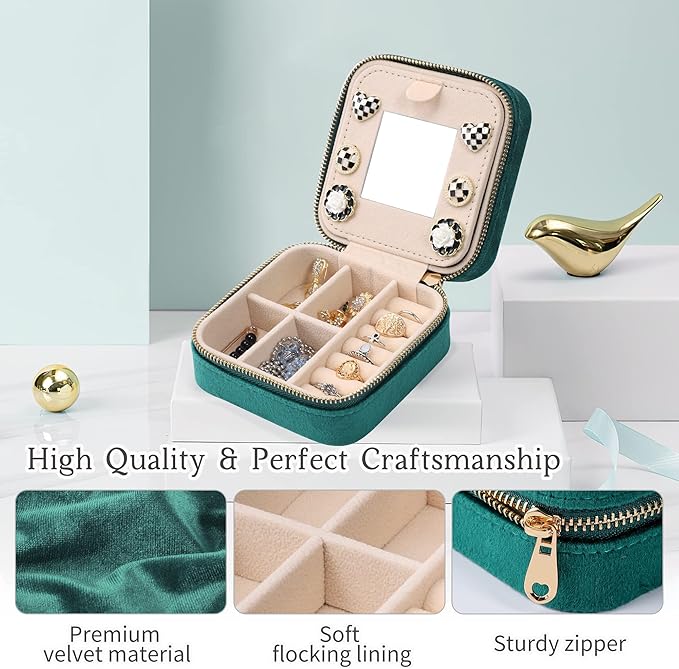 Dajasan Velvet Travel Jewelry Box, Mini Travel Jewelry Case, Small Portable Travel Jewelry Organizer with Mirror for Women Girls (Green)