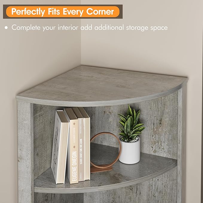 Vabches 64.8" Tall Farmhouse Corner Cabinet, Corner Shelf with 2 Barn Doors & Storage Shelves, Home Space Saver with Storage for Bathroom, Living Room, Entryway, Kitchen, Washed Grey