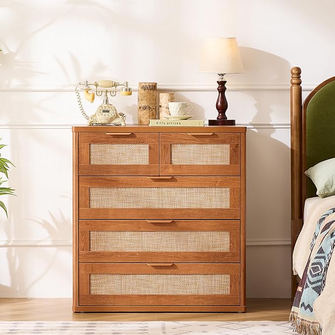 LEYAOYAO Rattan Dresser for Bedroom, 33.5" Tall Chest of Drawers, Modern 5 Drawers Boho Dressers with Storage, Vintage Brown Dresser Wooden Closet Organizer for Living Room, Hallway