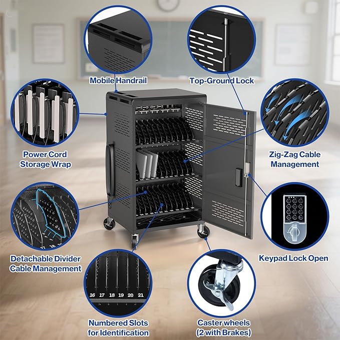 36 Bay Intelli-Sense Charging Cart for Chromebook, Tablets and Laptop, Classroom Locking Charging Station with Keypad Lock and Charger Storage for School, Classroom, Library, Office and More