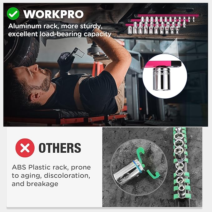 WORKPRO Magnetic Socket Organizer, 1/4-Inch Drive Aluminum Alloy Socket Rail, Heavy Duty Socket Holder, Socket Rack Kit 1/4-Inch x 12 Clips Rose Red (Socket not Included)