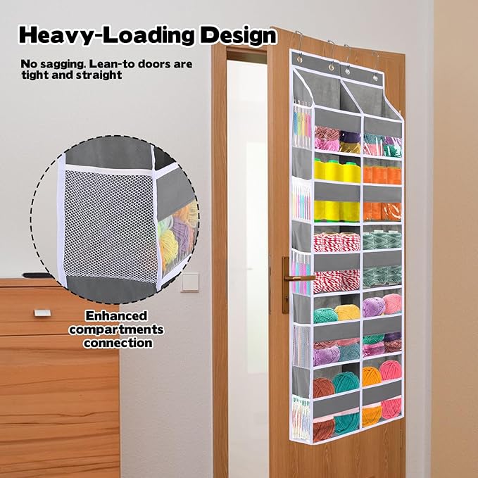 Over Door Yarn Storage Organizer Oxford Cloth Hanging Yarn Storage Organizer with 10 Deep Clear Pockets & 10 Mesh Side Pockets Extra Large Behind Door Storage for Crochet Accessories Knitting Supplies