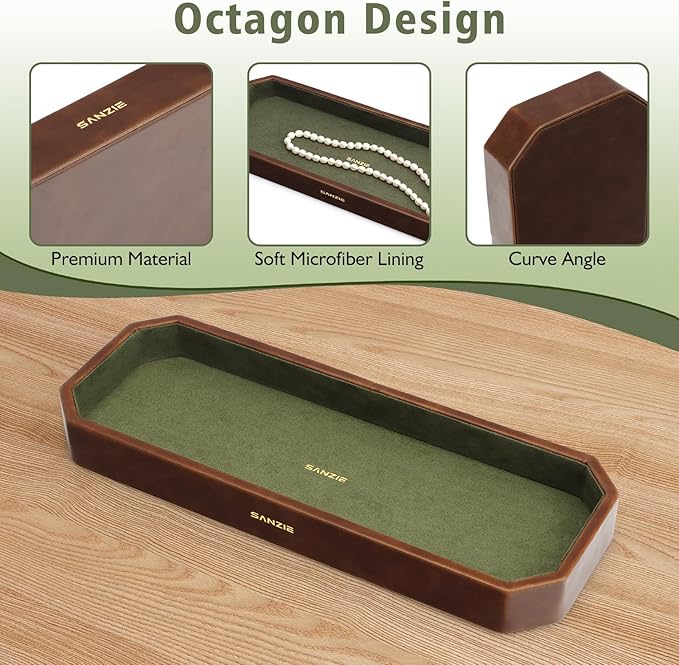 SANZIE Leather Tray Organizer Small Trays Decorative Tray Desktop Storage Premium Serving Tray Valet for Sundries Cosmetics Keys Phone Wallet Cutlery (Brown, Medium)