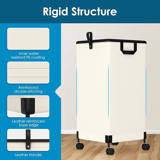 2Pcs Laundry Basket with Wheels 105L, Large Rolling Laundry Hamper with Removable Bag, Metal Frame Collapsible Dirty Clothes Bin, Cloth Organizer Hampers Pull Handle for Bathroom, Dorm, Bedroom White