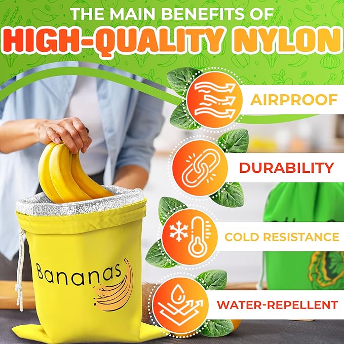 Banana & Lettuce Fresh Reusable Produce Bags – Vegetable & Fruit Storage Bags with Foil Lining for Freshness, Freezer & Refrigerator Safe