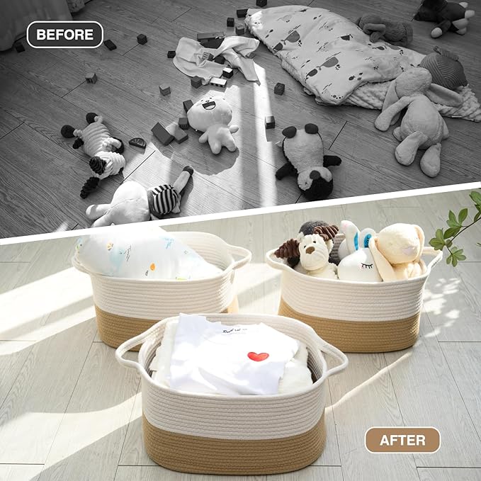 DUHEL Cotton Rope Woven Storage Basket, Used for Baby Hamper Toy Organizer, Gift Baskets Empty,Kids Laundry Basket,Baby Blanket Storage. Size 15x10x8.7 Inches. (White&Khaki-3PCS)