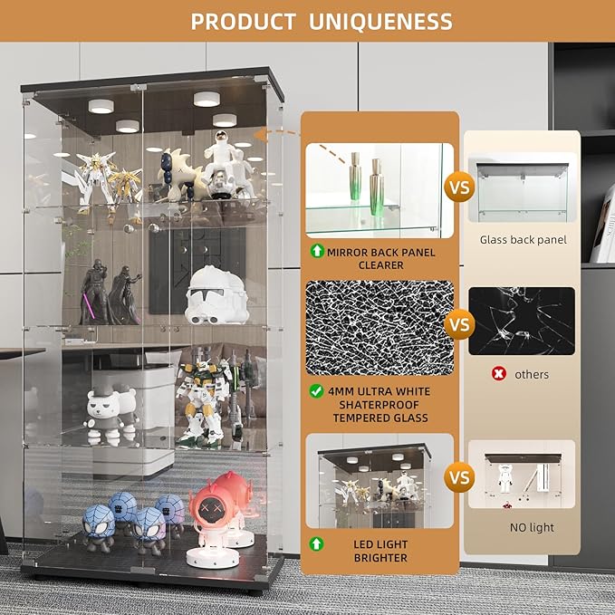 Beauty4U Glass Display Cabinet with LED Lights and Mirror, 4 Shelves with 2 Doors, Curio Cabinets for Living Room, Bedroom, Office, Black Floor Standing Glass Bookshelf, Quick Installation