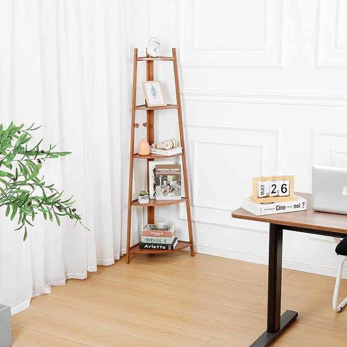 5-Tier Corner Shelf Stand, Tall Wood Shelf, Bookshelf for Living Room, Bedroom, Office, Plant Display, Rustic Brown Freestanding Triangle Storage Rack