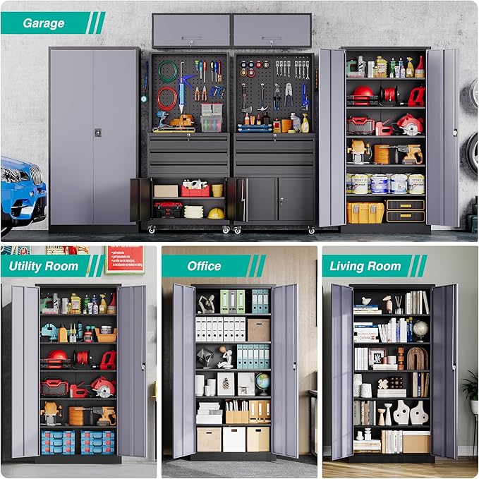 SISESOL Wide & Deep Metal Storage Cabinet with Lock & 5 Adjustable Shelves,72" Gray Garage Storage Cabinet with Locking Doors,Locking Metal Cabinets for Home,Office,Shop,Garage 72x36x18