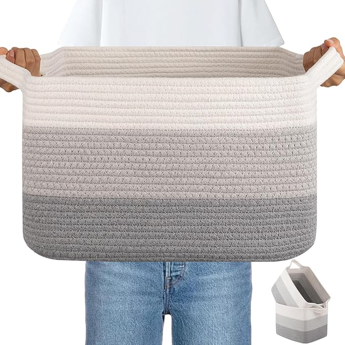OIAHOMY Woven Storage Basket, Cotton Rope Baskets for Toys,Towel, Clothes, Used to Bathroom,Living Room,Nursery,Bedroom, 16"x12"x10"- Pack of 3, Gradient Gray