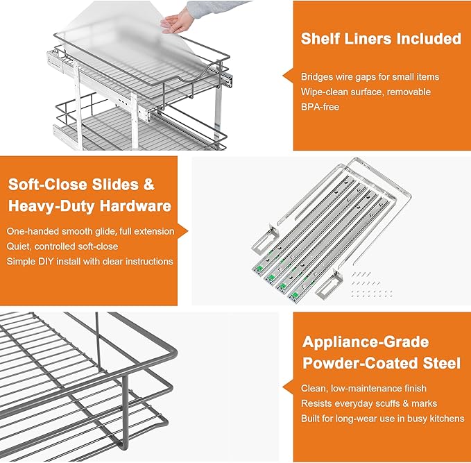 ALINE FURNITURE 2-Tier Pull Out Cabinet Organizer - 17" W x 22" D Soft Close Pullout Shelves with Shelf Liners - Slide Out Drawers for Kitchen Cabinets, Pantry, Bathroom, Heavy Duty Steel Wire Baskets