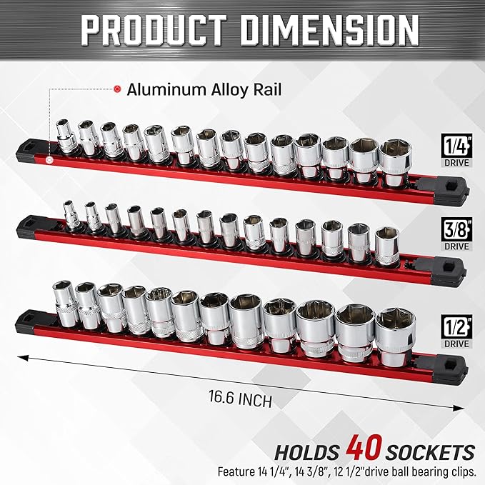 ALOANES 3-Piece Magnetic Socket Organizer, Heavy Duty Aluminum Socket Rails Organizer, 360° Swivel Clips Socket Holder Kit for Tool Box, 1/2, 3/8, 1/4-Inch Socket Holder x 40 Clips (Red)
