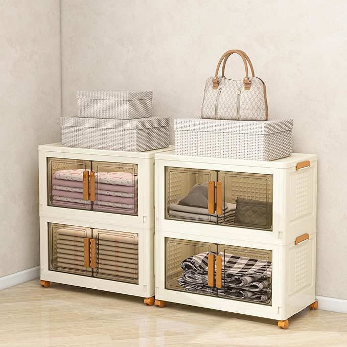 Plastic Stackable Storage Bins with Lids and Wheels, Foldable Closet Organizers and Storage Containers, Collapsible Clear Drawer Storage Cabinet with Doors Ivory White 91.2 QT