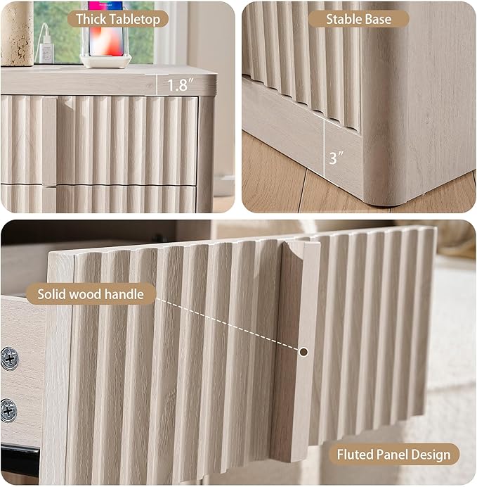 23.6" Nightstand Set of 2 with Charging Station, Side Table with 3 Large Storage Drawers, Mid Century Modern Night Stand with Solid Wood Handle, Bedside End Table for Bedroom, Living Room