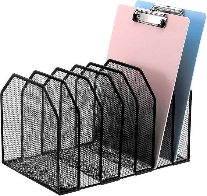 Metal Mesh File Organizer, Adjustable 7 Section Vertical Desk File Holder, Black Office Heavy-Duty Document Sorter for Books Binders, Laptops