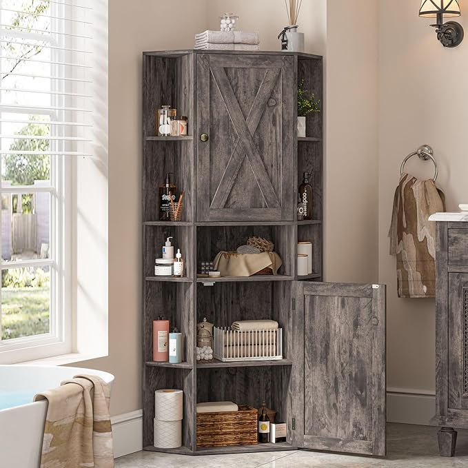 Farmhouse Corner Cabinet, Tall Corner Storage Cabinet with Barn Doors and Adjustable Shelves Wooden Display Bookshelf Pantry Cabinets Organizer Home Furniture for Bathroom, Living Room
