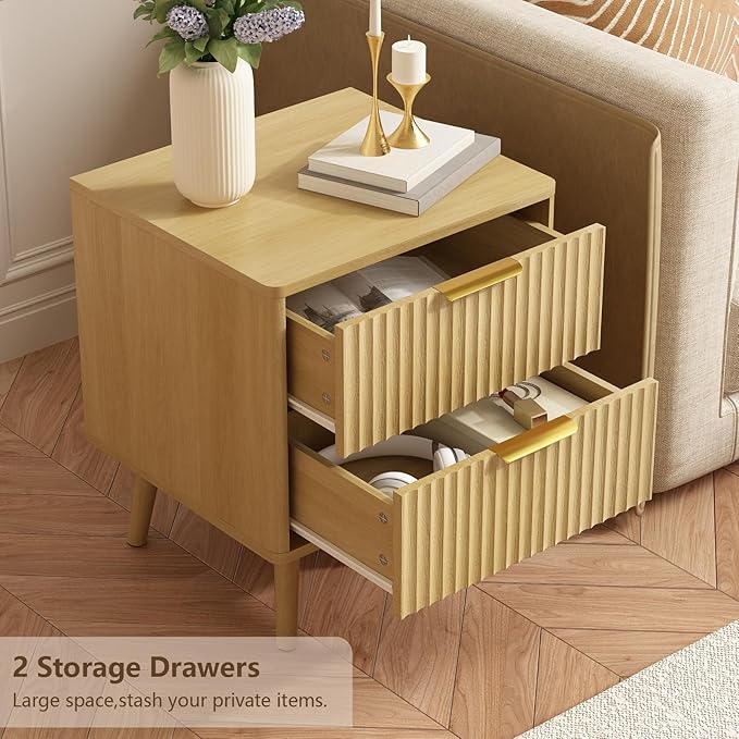 CARPETNAL Fluted Nightstand Set of 2, Oak Bedside Table with 2 Drawers and Gold Handles, Wood End Table Mid Century Night Stands for Bedroom Living Room