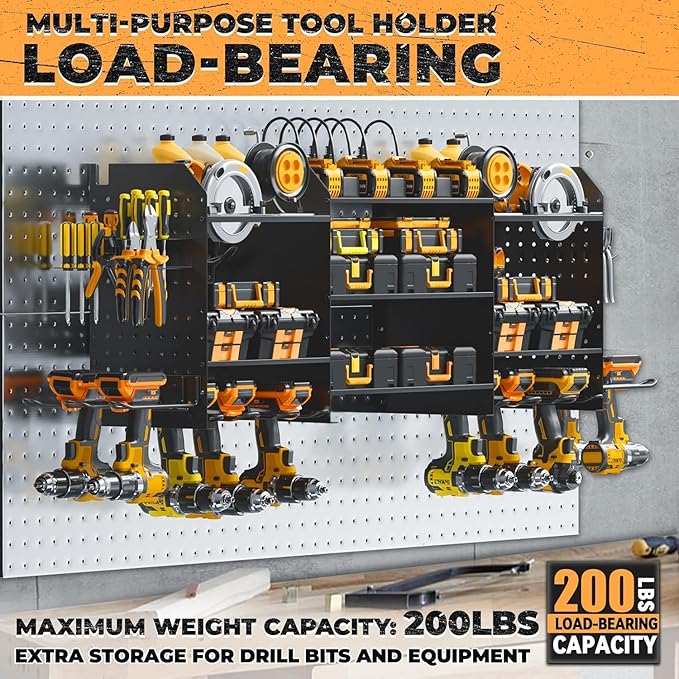 Upgrade Large Power Tool Organizer Wall Mount with Charging Station, 6.5FT Power Strip, 10 Drill Holders, and Storage Rack for Garage Organization