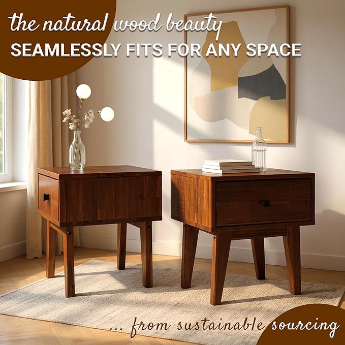 Acacia Sofia Nightstand with Drawer, Bedside Table, Solid Wood Bedside End Table with Drawer and Storage Space for Bedroom, Chocolate