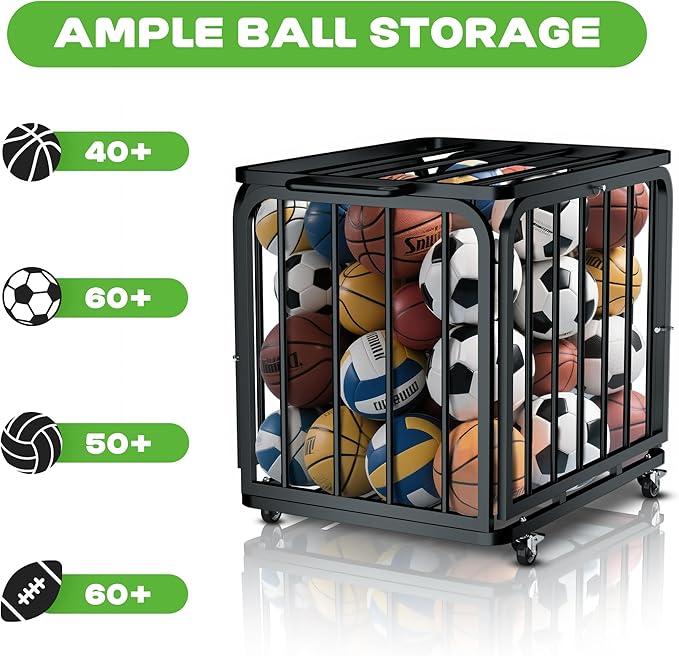 MR Foldable Ball Cart with Wheels, Heavy-Duty Ball Cage Garage Sports Equipment Organizer, Collapsible Metal Rolling Multi Sports Ball Storage for Gym, Lockable Lid, Indoor and Outdoor