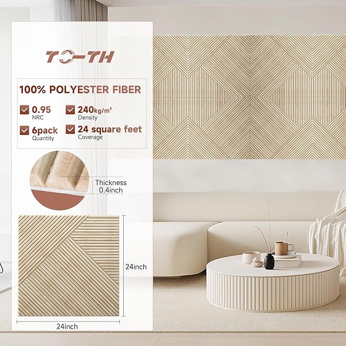 TO-TH Acoustic Panels for Wall and Ceiling - 6 Pack 2'x2'x0.4,Self-Adhesive 3D UV Printing Decorative Wall Panels with Wood Look,Rustic Oak