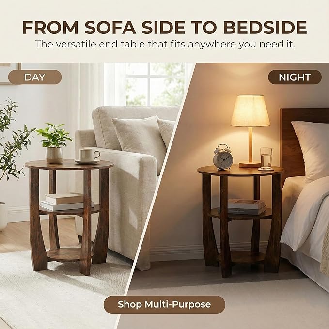 Rustic Brown Round Side Table, 3-Tier End Table with Storage Shelves, Farmhouse Nightstand for Bedroom, Small Accent Table for Living Room Sofa, 19.7" D x 21.7" H