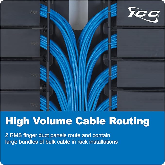 ICC 2U Finger Duct Cable Manager Panel with Cover, Plastic with Metal Back Frame, 5" Depth, Horizontal Cable Management, Rackmount for 19” Network Racks, Black, Single Pack