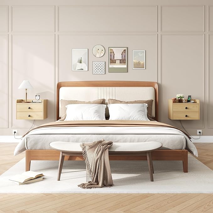 Floating Nightstand Set of 2 with 2 Storage Drawers and Charging Station Wood Wall Mounted Bedside End Table Modern Night Stands Set 2 for Bedroom,Small Space,Natural