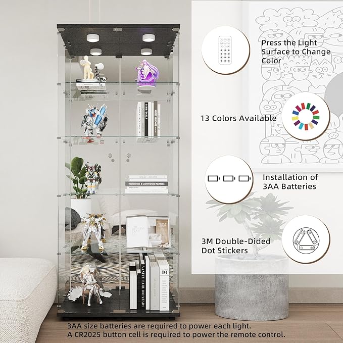 Beauty4U Glass Display Cabinet with LED Lights and Mirror, 5 Shelves with 2 Doors, Curio Cabinets for Living Room, Bedroom, Office, Black Floor Standing Glass Bookshelf, Quick Installation