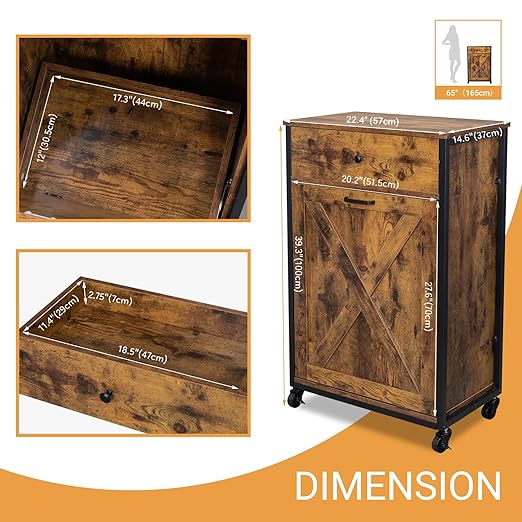 VINGLI 13 Gallon Tilt Out Trash Cabinet, Wood Hidden Trash Can Kitchen Cabinet with Drawer, Movable/Freestanding Pet Proof Storage Organizer, Laundry Basket Living Room Storage, Rustic Brown