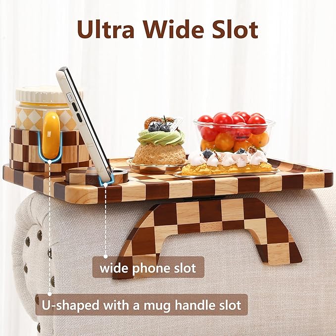Couch Arm Table, Checkered Carbonized Rubber Wood Sofa Armrest Tray, 3-in-1 Clip-on Large Couch Cup Holder Tray with 360° Rotating Cup Holder & Phone Stand for Drinks, Snacks & Remote