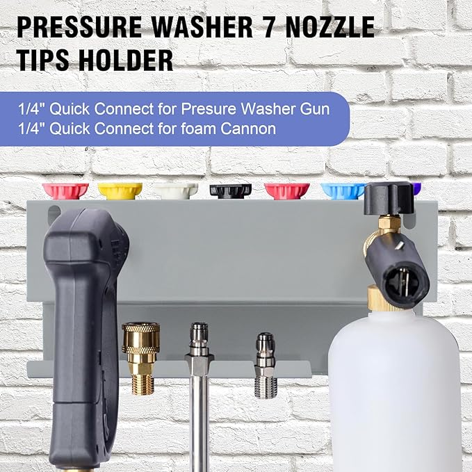 Wall Mounted Pressure Washer Gun & Foam Cannon Holder, Car Wash Accessories Storage Rack for Wand Extension and Nozzle Tips, Fits 1/4" Quick Connect, Gray