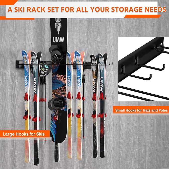 Ultrawall Wall Mount Ski Rack, Garage Ski Storage Rack, Ski Hangers For 8 Pairs of Skis