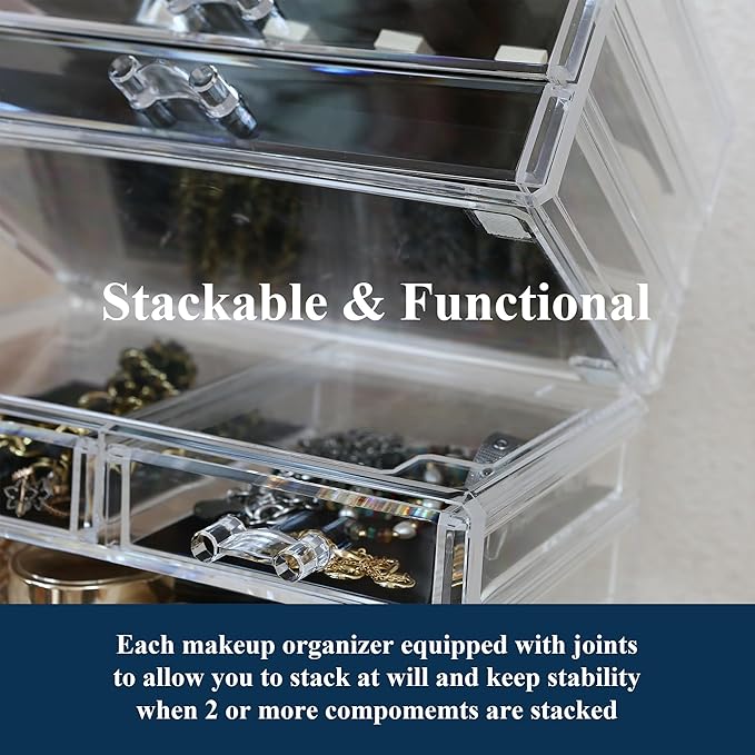 Sea Team Clear Makeup Organizer with Drawers, Acrylic Plastic Cosmetic Display Case, Jewelry Storage Box, Holder for Dresser, Bathroom, Vanity, Countertop (1 Large, 2 Small Drawers)
