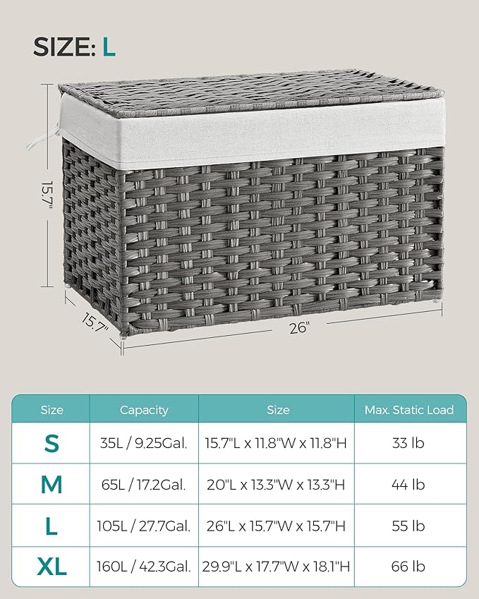 SONGMICS Storage Basket with Lid, Woven Blanket Storage Bin with Handles, Foldable, Removable Liner, Metal Frame, for Bedroom, Laundry Room, 27.7 Gallons (105 L), Gray URST066G01