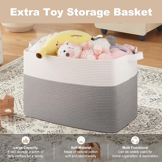 XXXL Supre Large Blanket Basket for Clothes, Towels, Pillows, 108L Cotton Rope Storage Basket for Living Room, Woven Toy Storage for Kids, 25" x 16" x 16", Grey and White